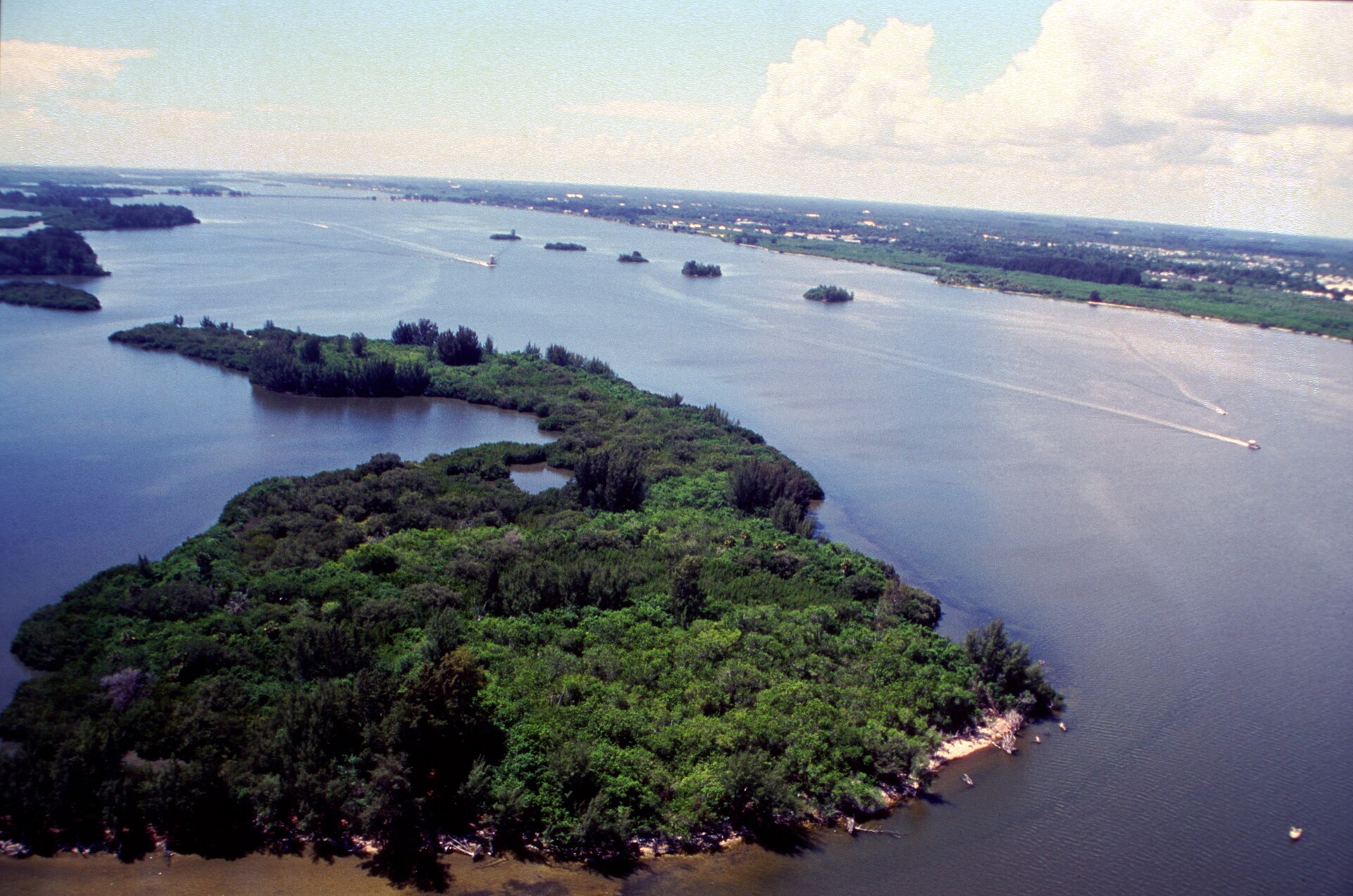 Aerial view of the Indian River Lagoon stretching the length of Florida's Space Coast.