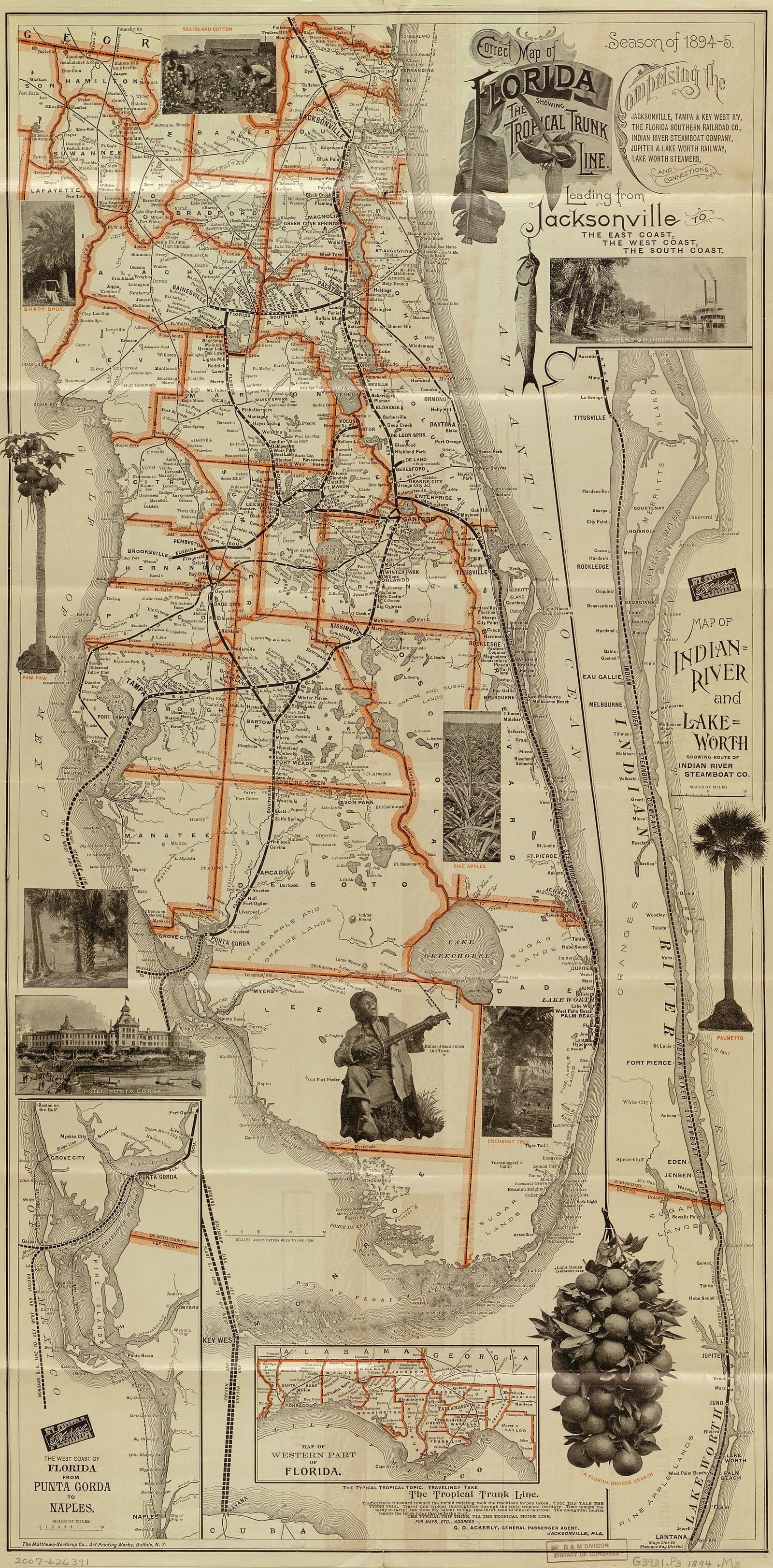 1894-95 season Florida map showing the Indian River Steamboat Company route alongside the rail network.