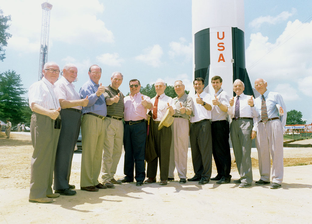 Saturn V on display at a dedication ceremony, late Apollo era.